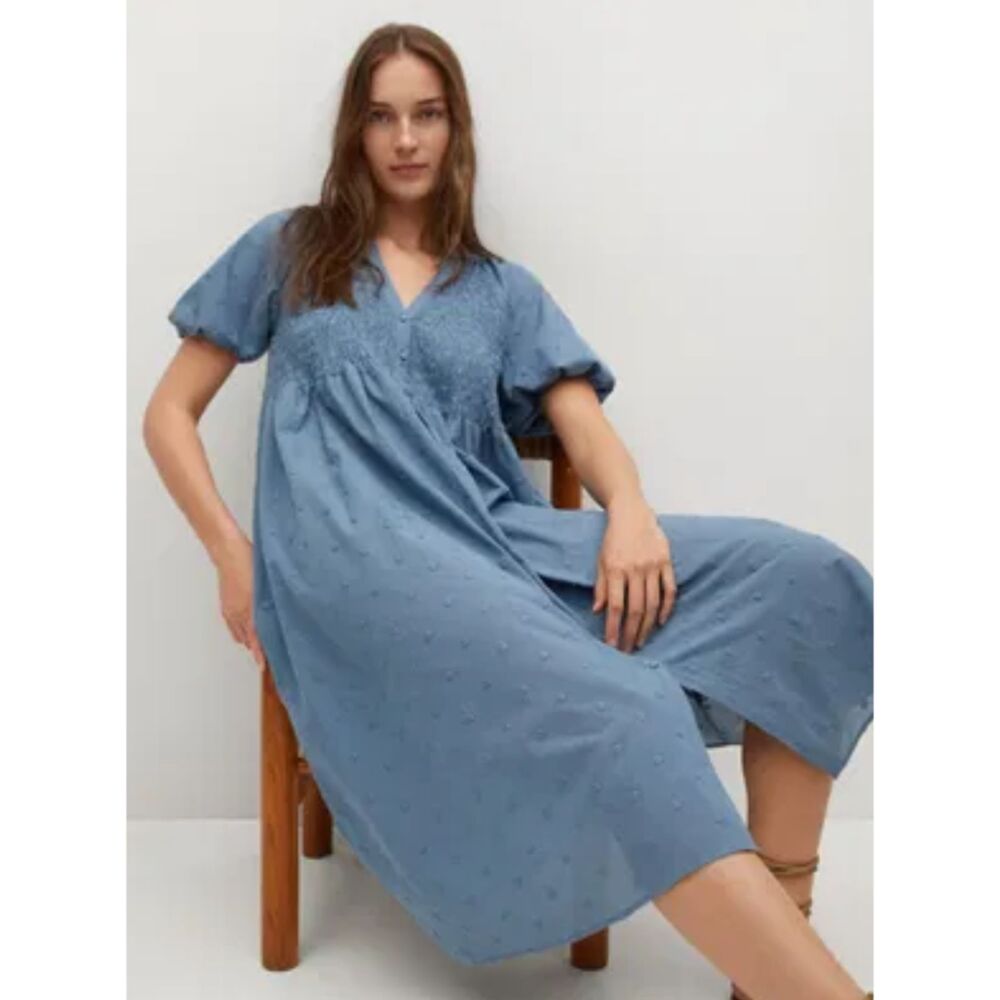 MANGO Women's Textured Cotton-Blend Dress Size M Blue Smocked- Flaw